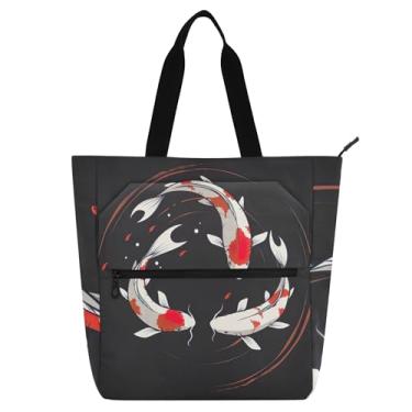Imagem de GAIGEO Koi Fish Bolsa de natação preta para mulheres e crianças com zíper, escola, trabalho, viagem, bolsa utilitária
