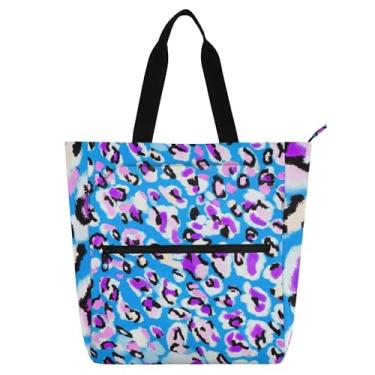 Imagem de Bolsa de trabalho feminina com estampa de leopardo, azul, colorida, bolsa escolar de lona com zíper, bolsas de tecido, presente para amantes de livros