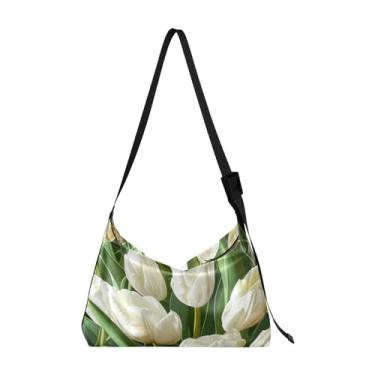 Imagem de GAIGEO Bolsa transversal de couro amores-perfeitos e flores em aquarela, bolsa transversal de couro com alça larga de couro, bolsa tiracolo masculina, Tulipas brancas-8, One Size