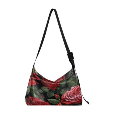 Imagem de Bolsa tiracolo moderna de borracha amarela com bolhas, bolsa tiracolo de couro, bolsas Hobo de couro para mulheres, Rosas florais e folhas verdes-1, One Size