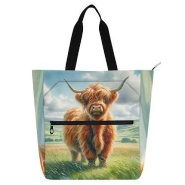Imagem de GAIGEO Sacola fofa de vaca Highland para crianças, mulheres, escola, trabalho, livros, zíper, escola, compras, viagem, bolsa