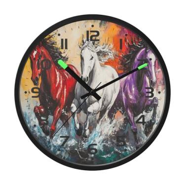 Imagem de SEHANY Relógio de parede artístico majestoso cavalos silencioso, sem tique-taque, relógio redondo operado por bateria, controle de som, luz noturna, relógios de parede para sala de estar, cozinha