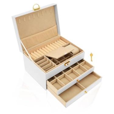 Imagem de UKQRRTC Organizador de caixa de joias, armazenamento de joias de couro PU de 3 camadas com bandeja expansível e removível, design de alça resistente, design de padrão de diamante para brinco, anel