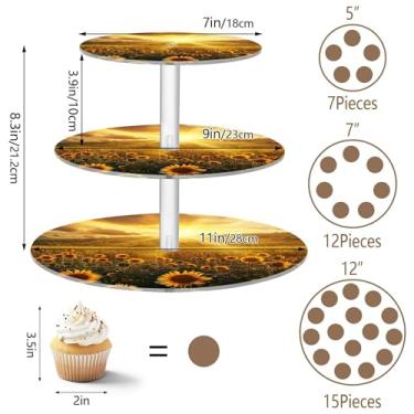 Imagem de Girassóis sob o pôr do sol dourado, suporte de cupcake de 3 níveis para festa, decoração de mesa de acrílico para decoração de mesa, sobremesa, chá, festa, servir, comida, casamento, organizador