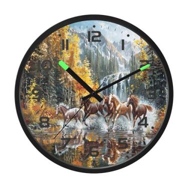 Imagem de SEHANY Relógio de parede artístico majestoso cavalos silencioso, sem tique-taque, relógio redondo operado por bateria, controle de som, luz noturna, relógios de parede para sala de estar, cozinha