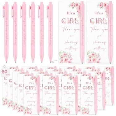 Imagem de Stuffygreenus 60 conjuntos de canetas de presente de chá de bebê para convidados It's a Girl Party Favors caneta esferográfica retrátil com marcadores de página tinta preta revelação de gênero