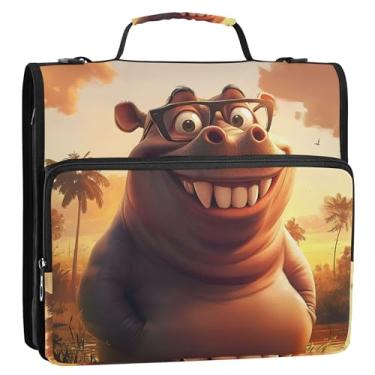 Imagem de Fichário profissional com 3 anéis de 3 anéis de desenho animado de hipopótamo com estampa de animal engraçado com zíper organizador de pasta de armazenamento com alça e alça bolsa escolar