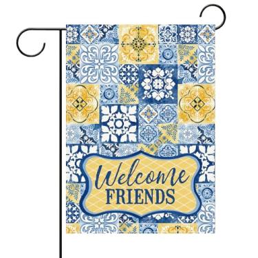 Imagem de Terkki Bandeira decorativa de jardim de azulejo de cerâmica azul marroquino, Welcome Friends Italian Amalfi Coast Azulejo Pequeno quintal decorações externas, serapilheira mediterrânea ao ar livre