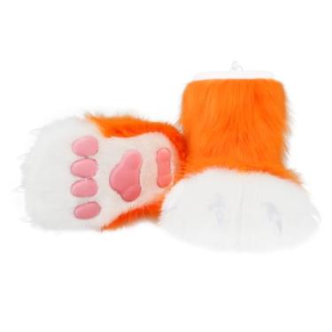 Imagem de hbbhml Pantufas felpudas de animais, urso, gato, lobo, cachorro, raposa, pele, pés, patas e garras, acessórios de fantasia para adultos e crianças, Laranja 2, One Size