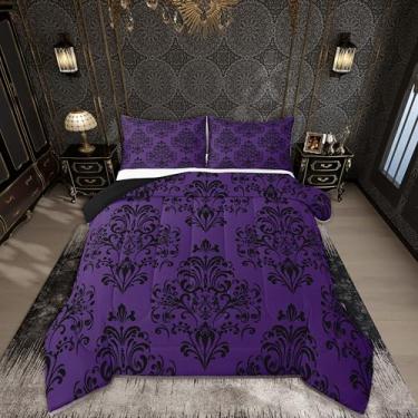 Imagem de jejeloiu Conjunto de edredom com estampa de damasco, vintage, damasco, floral, boêmio, gótico, boêmio, para decoração de quarto, microfibra, 3 peças com 2 fronhas