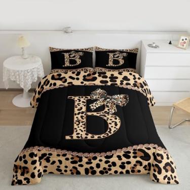 Imagem de Erosebridal Conjunto de cama solteiro com laço de guepardo africano, para mulheres, meninas, adultos, conjunto de edredom com letra B, laço coquete, estampa de leopardo, moderno, moderno, coleções de