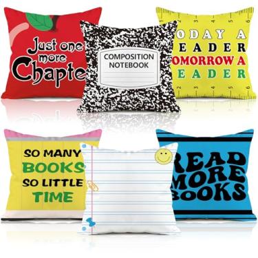 Imagem de 6 peças de capas de almofada de leitura 45,7 x 45,7 cm, caderno de composição, decoração de sala de aula, fronhas decorativas de giz de cera, lápis, maçã, capa de almofada para casa, cama, sofá