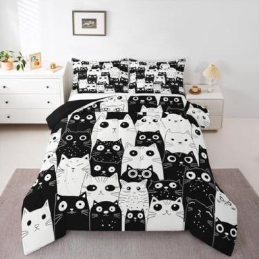 Imagem de Feelyou Conjunto de edredom engraçado com estampa de gatos pretos para todas as estações, conjunto de cama com 1 fronha, microfibra fofa, para crianças, solteiro, para decoração de quarto, edredom
