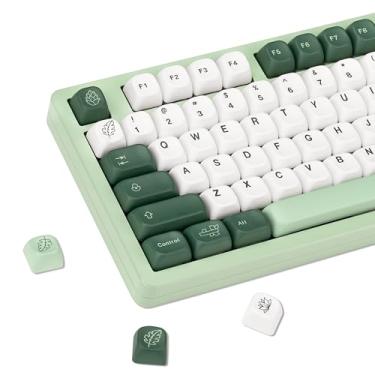 Imagem de TIMSEKER Lindo conjunto de teclas botânicas verdes e brancas, 5 teclas laterais de sublimação FOA perfil PBT para teclado mecânico de jogos com layout ANSI, 130 teclas