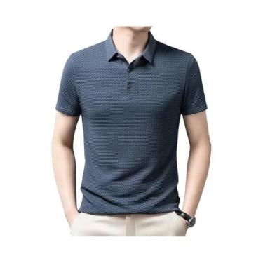 Imagem de Camisa Polo Masculina Xadrez Lisa Respirável Confortável Elástica Mang