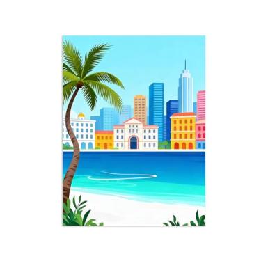 Imagem de Pôster paisagem - Edifícios árvores marinhas praia - Impressões em Tela - Imagem Moderna Natureza para Sala de Estar Decoração 60x80cm Sem Moldura