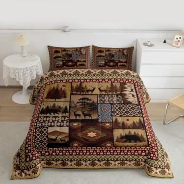 Imagem de Feelyou Conjunto de cama de cabana para meninos e meninas, conjunto de edredom Queen com urso, veado, rústico, asteca, microfibra, campo ocidental, casa de fazenda, decoração de quarto, 3 peças com 2