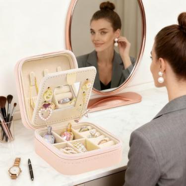 Imagem de Caixa de joias de viagem para mulheres, pequena caixa organizadora de joias com espelho, caixa de armazenamento portátil para anéis, brincos, colares, caixa de presente de joias para filha, namorada