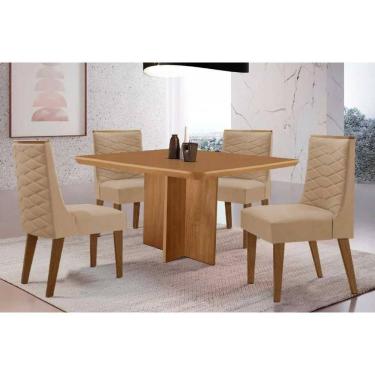 Imagem de Sala Jantar Mesa Berlim Tampo Curvo 90cm+4 Cadeiras Dafne Madeira Naturale - Capuccino/Linho Bege - Rufato