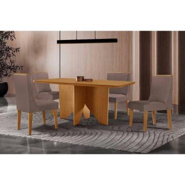 Imagem de Sala Jantar Mesa Nevada Tampo Curvo 120cm+4 Cadeiras Dakota Madeira Naturale - Capuccino/Suede Marrom - Rufato