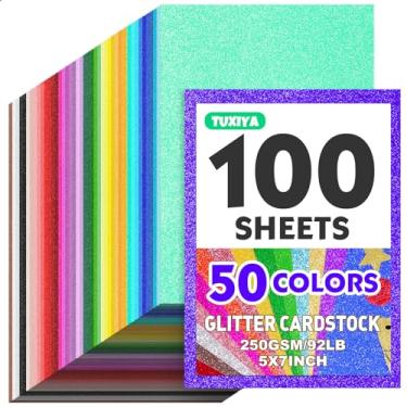 Imagem de 100 folhas de cartolina com glitter de 12,7 x 18 cm, 50 cores sortidas 250 g/m2/41,7 kg, papel brilhante com glitter sem derramamento para artes e artesanato, decoração, confecção de cartões