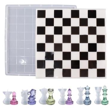 Imagem de Airssory 7 peças, 7 estilos de peças de xadrez mundial, moldes de fundição de resina com 6 peças de xadrez 3D tamanho completo e tabuleiro para fazer artesanato em resina epóxi UV