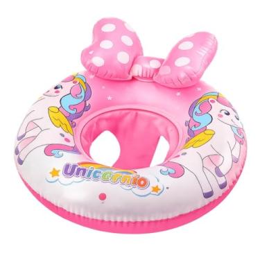 Imagem de Boia Infantil Unicórnio Inflável Com Assento Fralda Rosa 60 cm para Piscina e Praia 6 Meses a 2 Anos com Laço de Bolinhas
