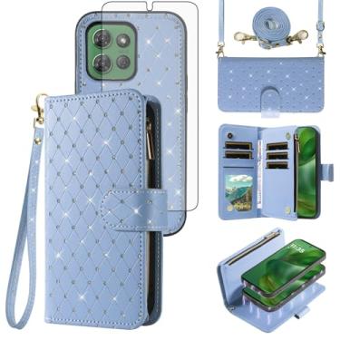 Imagem de Asuwish Capa de telefone para Motorola Moto G Power 5G 2025 carteira com zíper destacável capa magnética protetora de tela alça transversal alça com glitter porta-cartões slots XT2515-1 mulheres