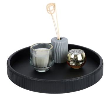 Imagem de HofferRuffer Bandeja decorativa redonda, decoração de bandeja de couro sintético, acessório decorativo para perfume, manobrista de banheiro, mesa de cabeceira ou cômoda, 30,5 x 30,5 x 4 cm (listra