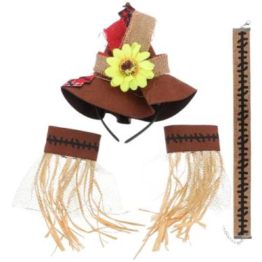 Imagem de TOYANDONA 4 peças de fantasia de Halloween de espantalho, chapéu de palha de flor, colar de pulseira, enfeite de cosplay para Halloween, carnaval, espantalho, cosplay
