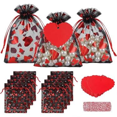 Imagem de Hillban 100 unidades de sacos de organza de coração para dia dos namorados, 12 x 17 cm, sacos de organza para presente de doces com 100 peças de etiquetas de coração para embalagem de joias, presente