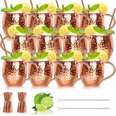 Imagem de LINALL Canecas de cobre Moscow Mule - Conjunto de 12 canecas de aço inoxidável banhadas a cobre 510 g, para bebidas geladas (12 peças)