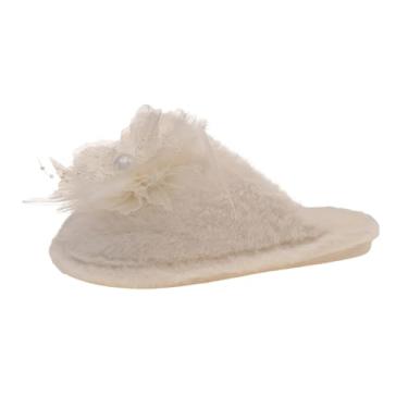 Imagem de Pantufas florais femininas de sola grossa e aconchegantes com sola macia para uso no outono e inverno, Branco, 34