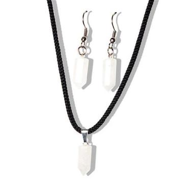 Imagem de Conjunto Pontinha Colar e Brinco Quartzo Leitoso Prateado - Critaisdec