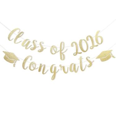 Imagem de Faixa de formatura Gold Glitter Class Of 2026 - Decoração de festa de formatura 2026, boné e ano para decoração de festa, casa aberta, placa sênior, decoração de 2026 (dourado)