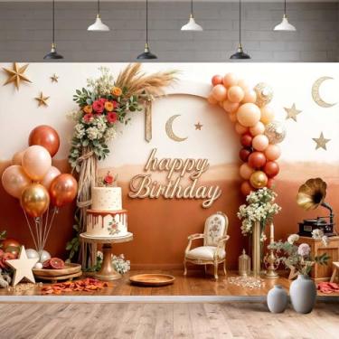 Imagem de NYMB Terracota & Gold Boho Happy Birthday Backdrop, floral arco estrela, lua retrô, decoração de cabine de fotos para mulheres, meninas, aniversário/chá de bebê/tema de princesa/artigos de festa retrô