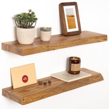 Imagem de Prateleiras flutuantes de 61 cm, prateleira flutuante de madeira de olmo maciça, prateleiras de exibição montadas na parede com suporte resistente para livros, prateleira de madeira rústica para