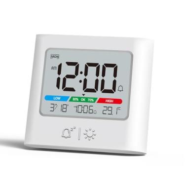 Imagem de ALANAS Despertador de viagem compacto com temperatura/umidade - Relógio digital pequeno operado por bateria, soneca, luz de fundo, montagem na parede, para dormitório de estudantes, espaços pequenos