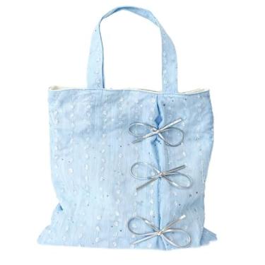 Imagem de Bolsa de ombro feminina de lona de grande capacidade com laço macio elegante bolsa diária, Azul