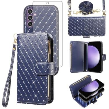 Imagem de Capa carteira compatível com Samsung Galaxy S23 FE 5G com zíper e protetor de tela de vidro temperado alça transversal flip flip porta-cartões capa de telefone para mulheres S 23 EF S23FE 23S azul