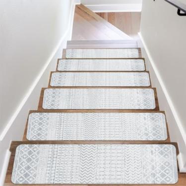 Imagem de Escada antiderrapante de 20 x 76 cm, tapete de escada com suporte de borracha, padrão cinza, laváveis, reutilizáveis para degraus de madeira, degraus de escada de segurança interna para crianças, cães