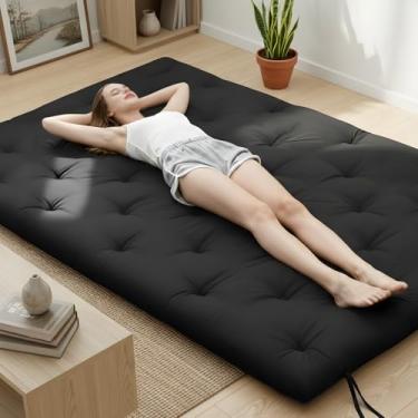 Imagem de Syrinx Colchão futon japonês Queen tamanho 203 x 152 cm, cama de chão preguiçoso dobrável engrossada para adultos, tapete de dormir tatami de enrolar espreguiçadeira, colchão de futon resistente à