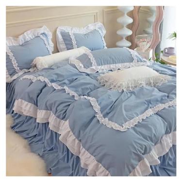 Imagem de Cama, conjuntos de cama, saia de cama de renda com babados, capa de edredom, cor sólida, tamanho queen size, têxteis domésticos femininos (cama azul 1,8 m)