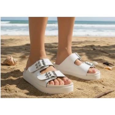 Imagem de Sandália Papete Feminina Off White com Fivela Dupla, Solado Antiderrapante, Confortável Anatômica, Estilo Slide Casual para Verão (BR, Adulto, Numérico, M, 34)
