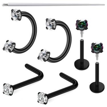 Imagem de Dyknasz Anel de nariz em ferradura 18G com rosca interna, argolas de aço cirúrgico, meio duplo, zircônia cúbica, piercing de nariz, lábio, sobrancelha, hélice, daith, piercing de orelha para mulheres