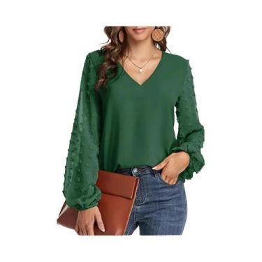 Imagem de Blusa Casual Feminina De Manga Longa Com Decote Em V, Cor Sólida, Esti