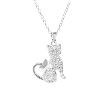 Imagem de Dtja Colar feminino com pingente de gato borboleta de cristal fofo CZ gatinho inseto colar de corrente ajustável confortável delicado aniversário feriado joia 45,7 cm, Medium, Metal, Sem Pedra