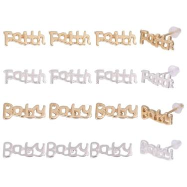 Imagem de CHGCRAFT 16 peças, brincos de ouro com palavras de latão 24K, estilo 24 quilates, minúsculos brincos com 30 peças de porcas de plástico em ouro para mulheres, pequenos brincos modernos, 0,5 x 1,2 cm,