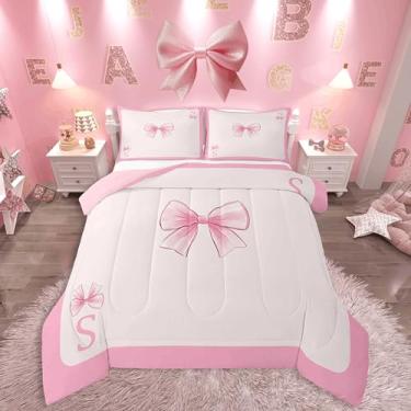 Imagem de jejeloiu Conjunto de edredom com laço rosa, tamanho solteiro, com inicial P, para crianças, meninos, meninas, princesa, laço, alfabeto, decoração de quarto, microfibra, 2 peças com 1 fronha