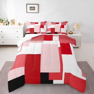 Imagem de jejeloiu Conjunto de edredom de arte moderna, tamanho Queen, geométrico, para crianças, meninos, meninas, arte abstrata, decoração de quarto, microfibra, 3 peças com 2 fronhas